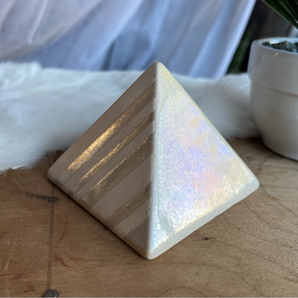 Desk Top Oddity Iridescent & Tan Colored Ceramic Pyramid Paperweight